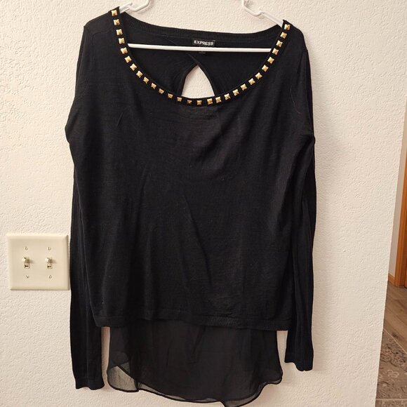 EXPRESS Black silk Top Over Sheer Tank Size L Gold Accents at Neckline - Picture 1 of 7